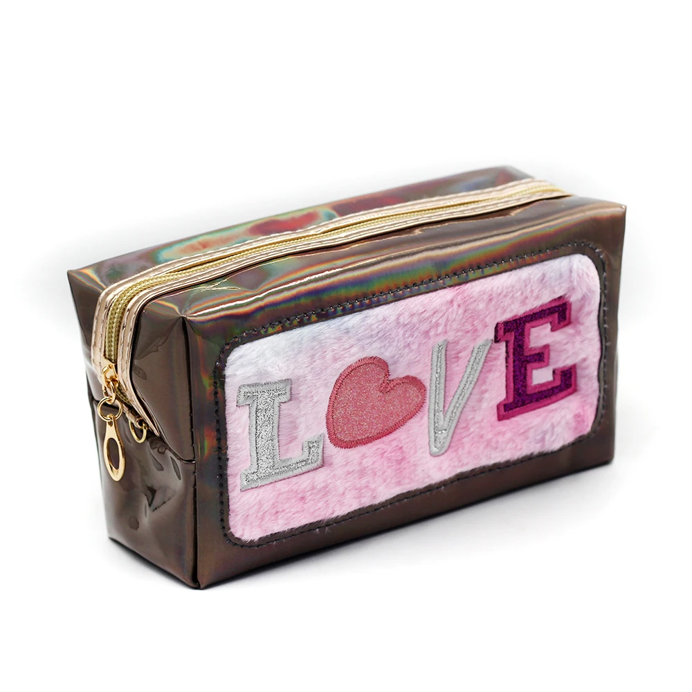 Holographic Custom Logo Cosmetic Bags Portable Makeup Bag Embroidered Brush Holder Pouch Lipstick Case