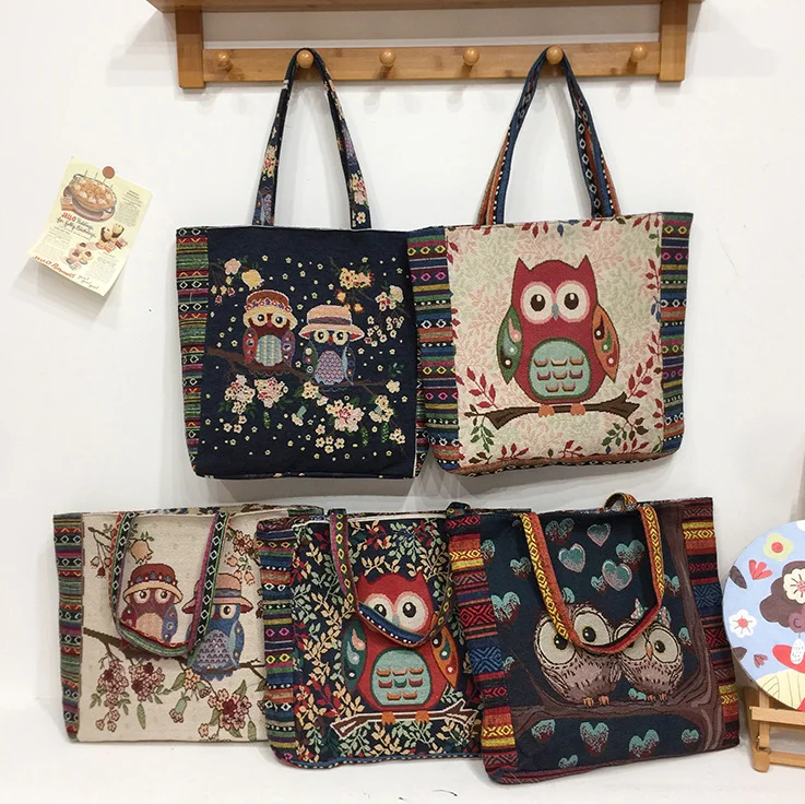 Wholesale Custom New Style Linen Shoulder Bag Yarn-Dyed Cartoon Pattern Large Capacity Handbag Recycled Tote Beach Bag