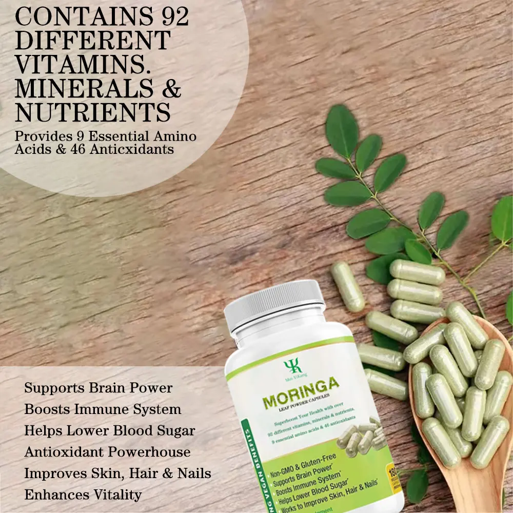 Custom Moringa leaf powder capsules support your health with over 92 different vitamins,minerals & nutrients hard capsules.