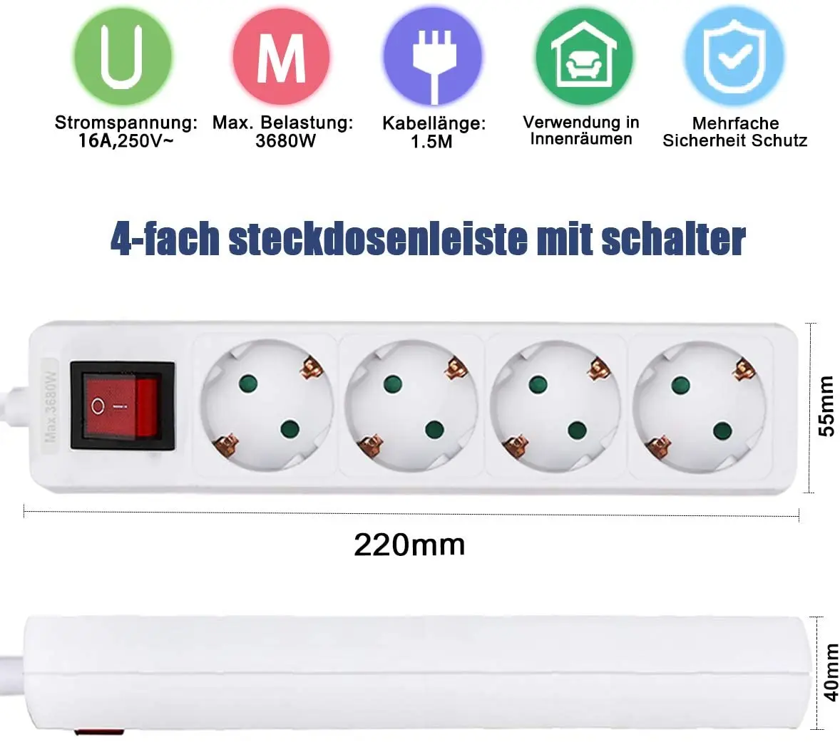4-way  extension socket power strip with switch and child safety lock, 1.5M 3X1.5mm2 cable, 16A, 3680W, multiple plug