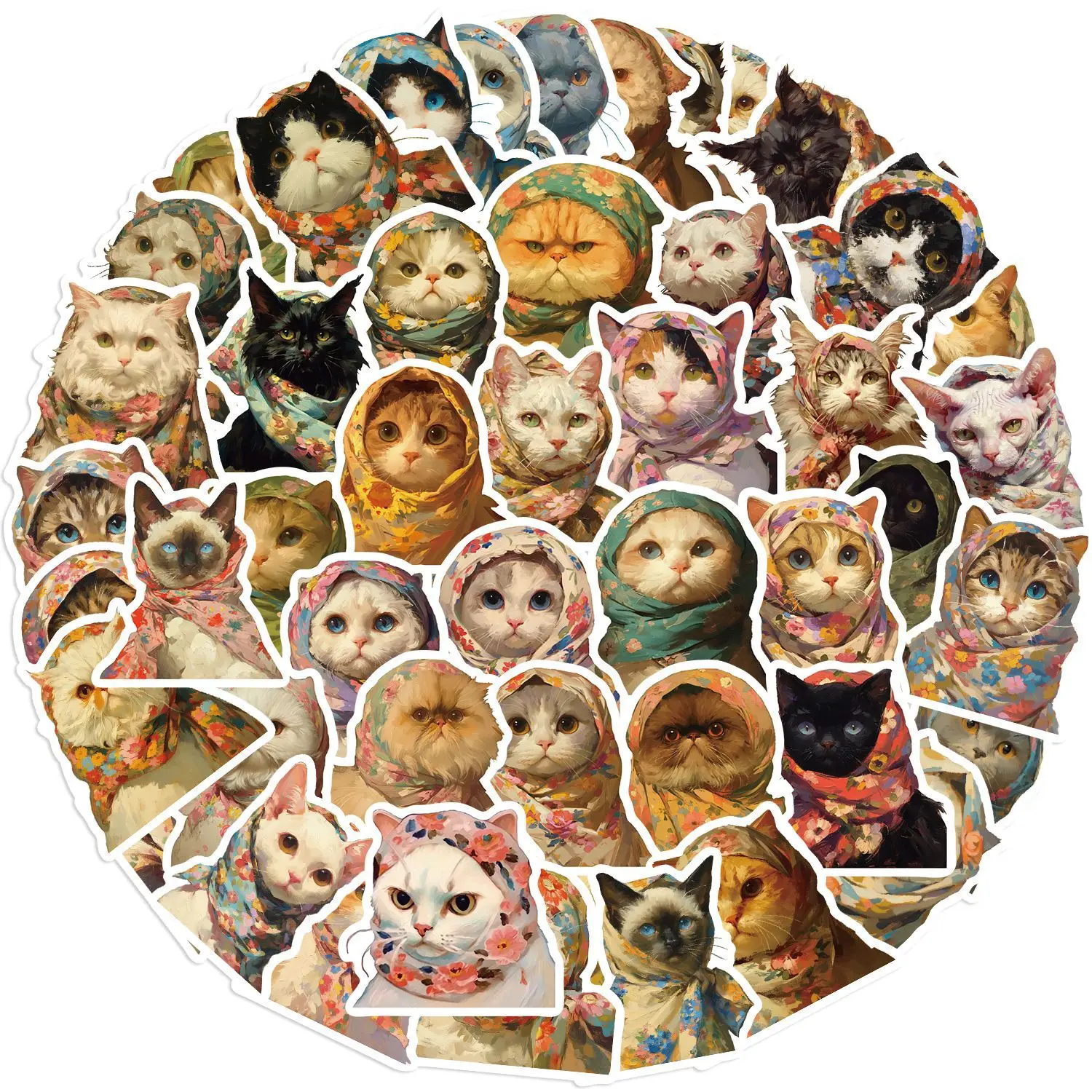 50Pcs Art Painting Cat with Head Scarf Graffiti Stickers For Bottle Laptop Decor Oil Painting Kitty Sticker