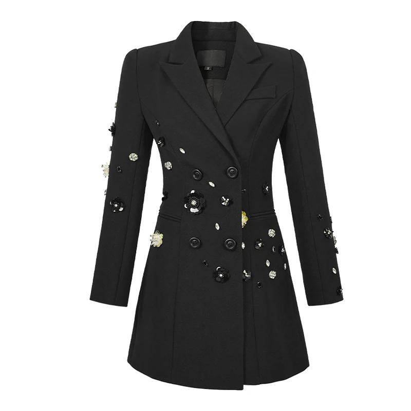 ZYHT 10839 Fashion Double Breasted Sequins Office Ladies Blazer Mini Dress Diamond Decor Lapel Blazer Coat
