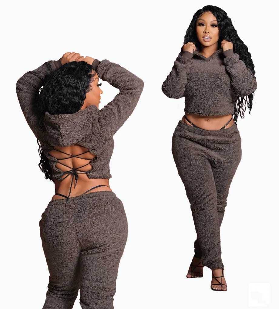 Wholesale 2 piece set women clothes Lace Up Long Sleeve Furry Hoodie Crop Top two piece set women winter clothing fall set 2021