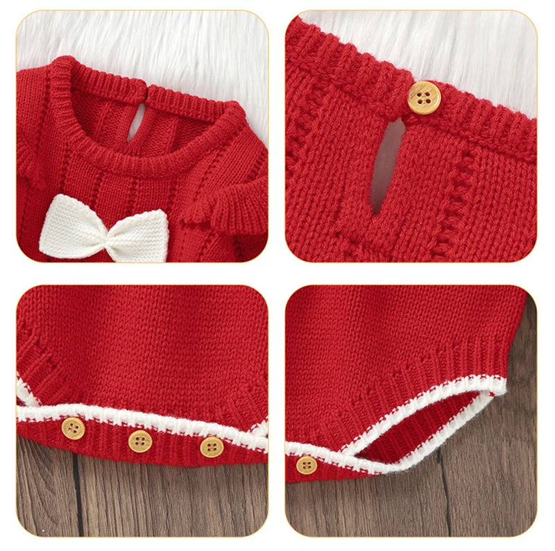 Baby Knit Romper Red 2024 Baby Girls Knitwear with Bow Unisex Outfit Clothes Infant Crochet Jumpsuit Newborn Knitted Clothing