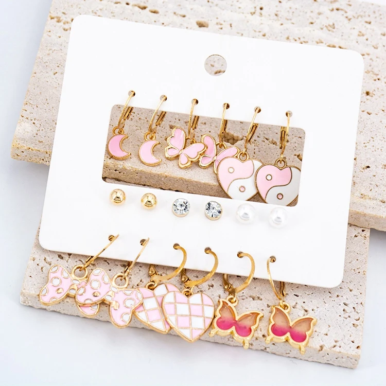 MSI-12 Wholesale Fashion Earrings Women Ear Jewelry Kit Pearl Alloy Knot Pink Heart Butterfly Moon Crystal 12 Pairs Earring Set