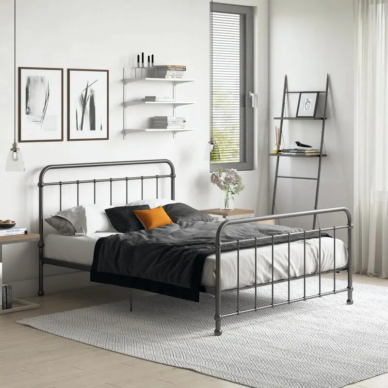 King Metal Bed Frame with Vintage Headboard and Footboard,Victorian Style Platform Bed Frame,Sturdy Heavy Duty Slat Support Bed