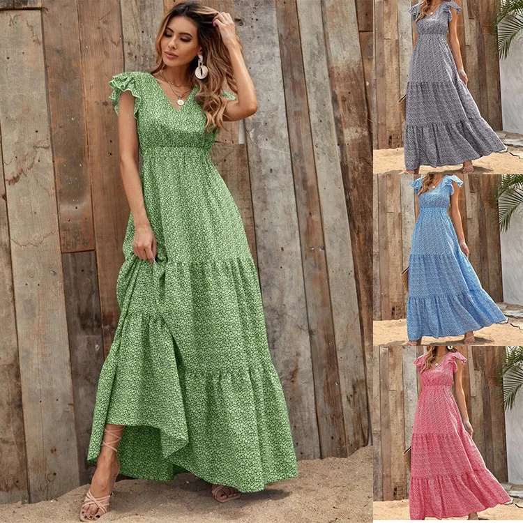 Floral Long Maxi Dress Backless Loose Ruffle Sundress with Belt