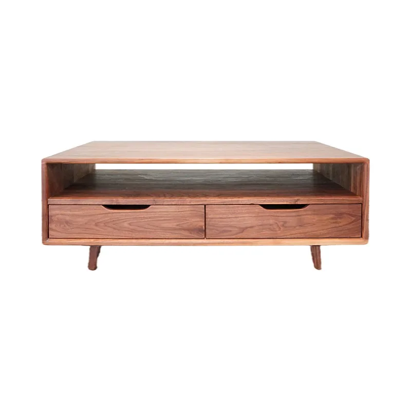 Hot sale Black walnut double-layer tea table four-drawing coffee table square solid wood tea table with drawers