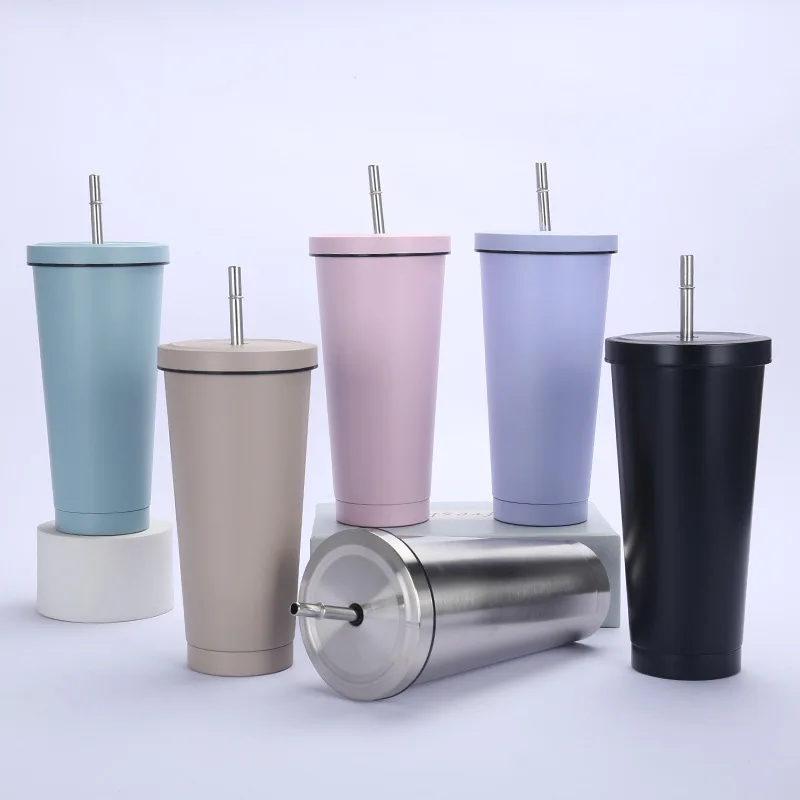 Nordic 500ml 750ml doubale wall insulated custom stainless steel customized cafe tea coffee mug cups with logo straws