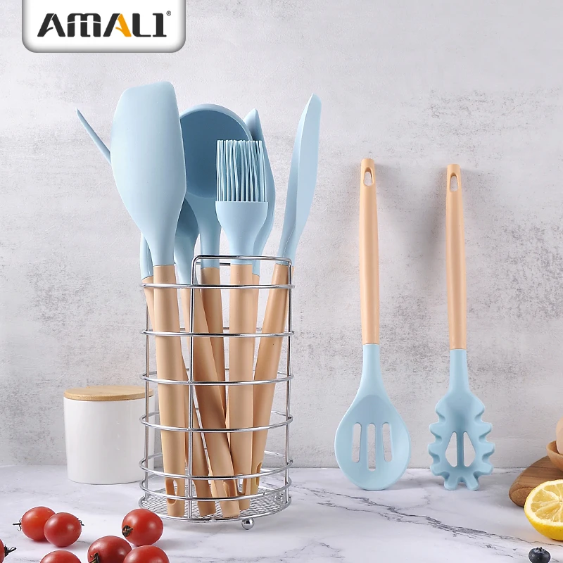 Hot-selling 12 pcs silicone kitchen utensils kitchen tools spoon with plastic handle