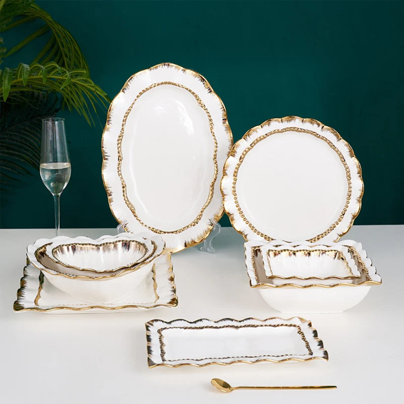 Wholesale Luxury Ceramic Gold Rim White Nordic Style Peach Shape Tableware Set