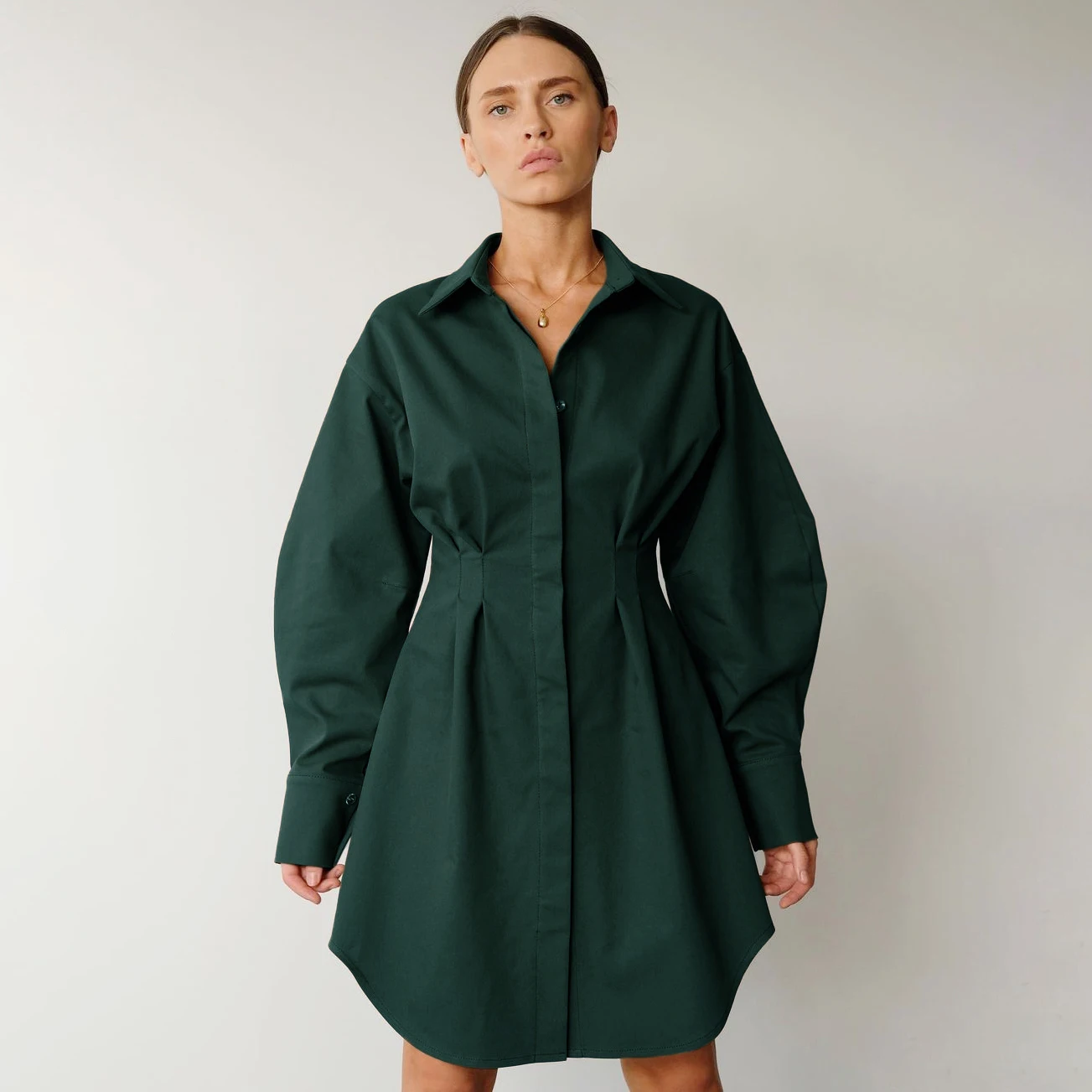 OOTN A-Line Single Breasted Casual Dresses Turn-Down Collar High Waist Solid Long Sleeve Mini Dress Autumn Pleated Shirt Dress