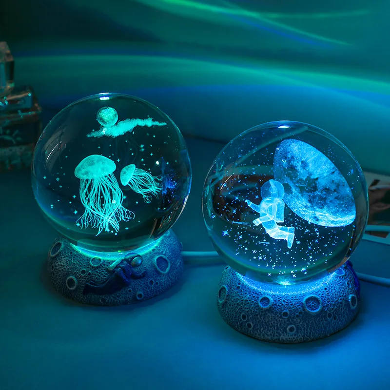 3D 6/8cm Led Laser Carved Crystal Ball jellyfish dolphin starfish whale shell LED Night Light Home Bedroom Decorative Table Lamp