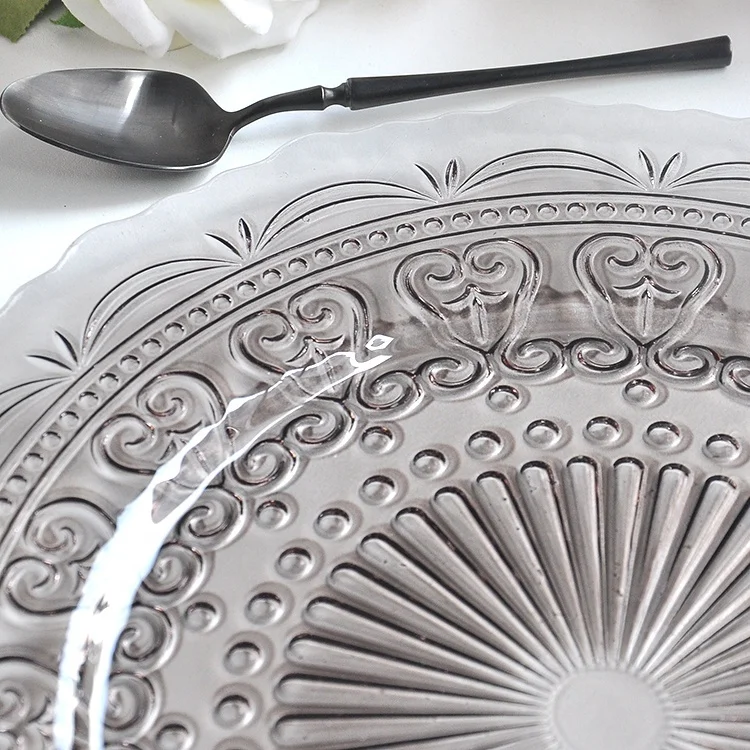 Custom 13 Inch Vintage Embossed Gray Glass Wedding Lace Charger Plates Wholesale
