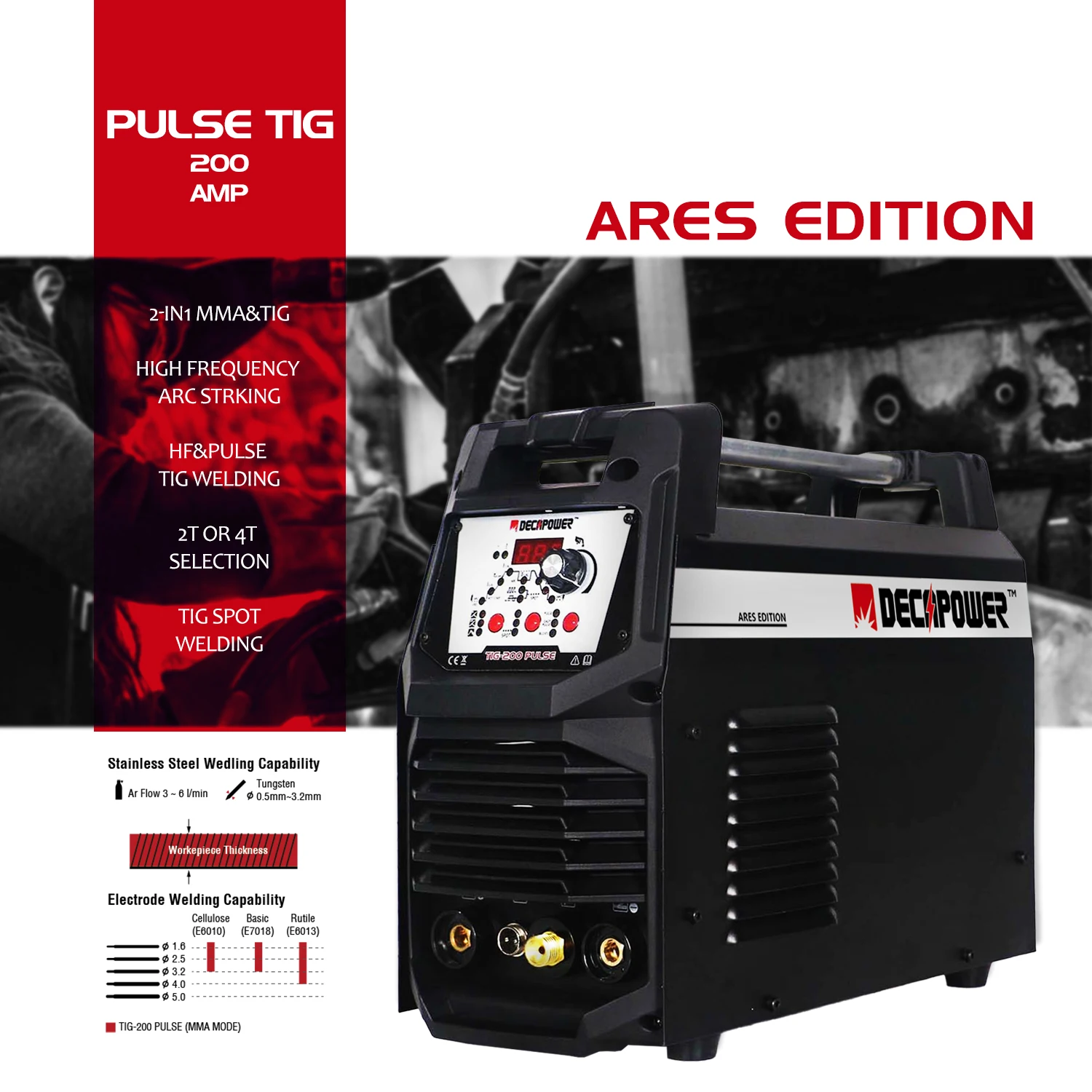 Decapower DC TIG Импульсный сварочный аппарат 200 ампер 220 В инвертор с точечной для нержавеющей стали