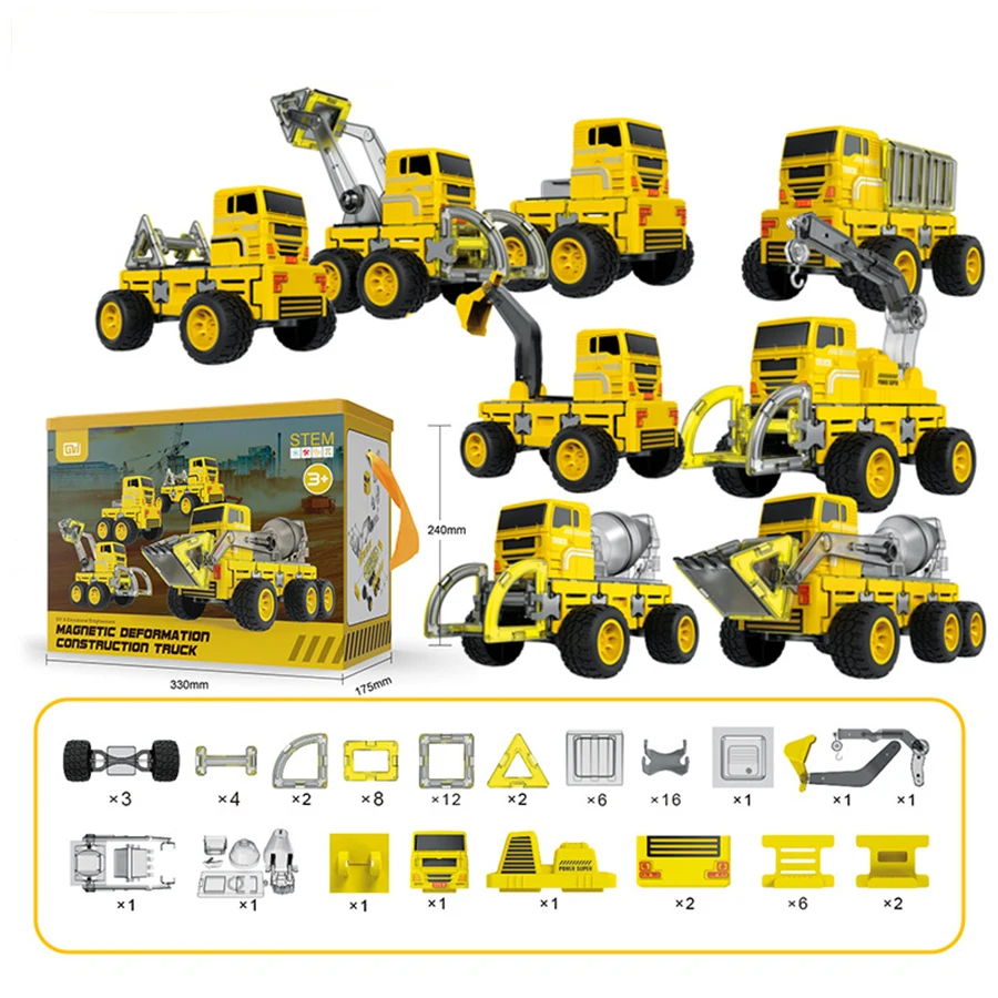 Magnetic Deformation Construction Truck Magnetic Tiles Engineering Toy for Kids Magnetic DIY Assembly Toy
