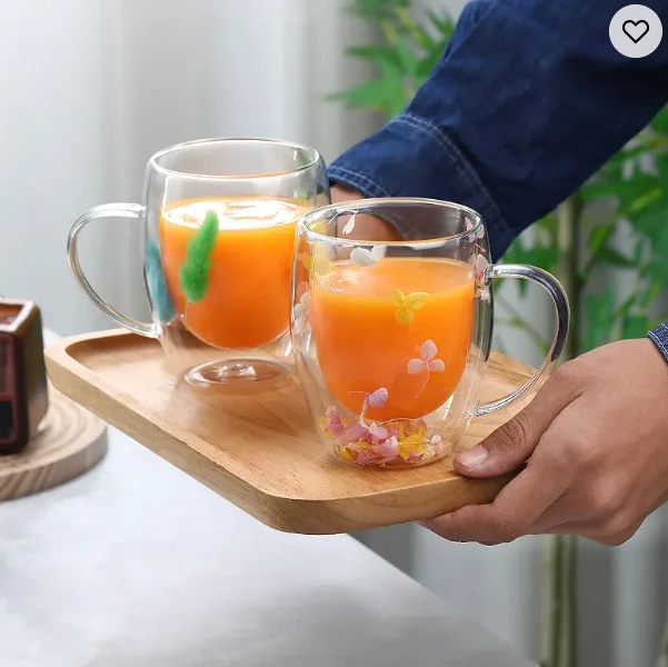 Coffee Glass Cup Mug Design Hot Sale Double Wall Insulated Borosilicate New with True Flowers Inside Aluminum Customized CLASSIC