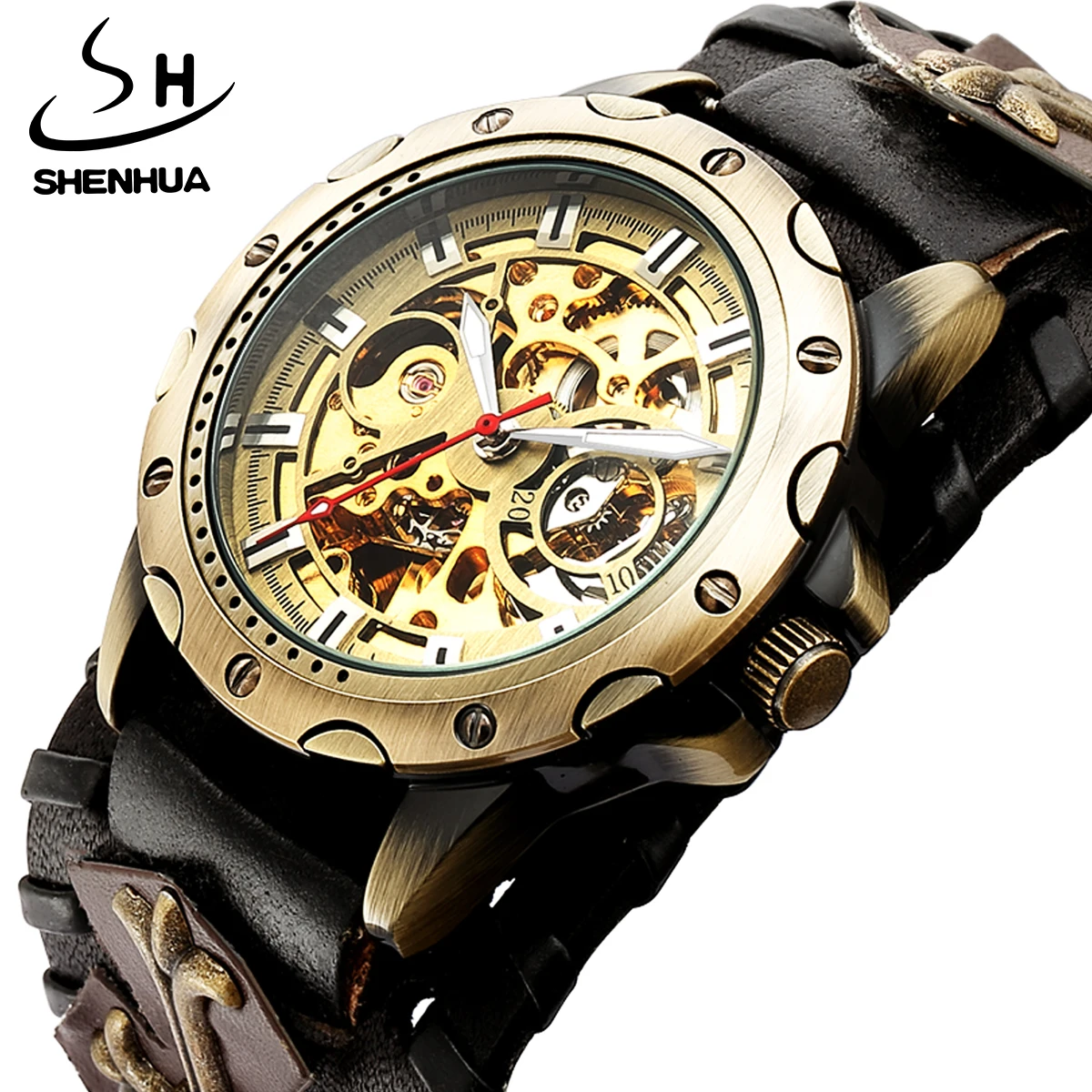 SHENHUA Vintage Gothic Clock Brown Rock Stainless Steel Steampunk   Men Automatic Mechanical Luminous Watch