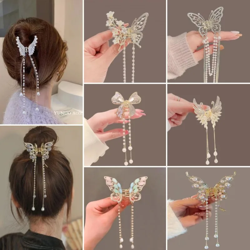 Elegant Tassel Butterfly Hair Claw Clip Fashion Metal Pearl Hair Clip Girls Hair Accessories Clip