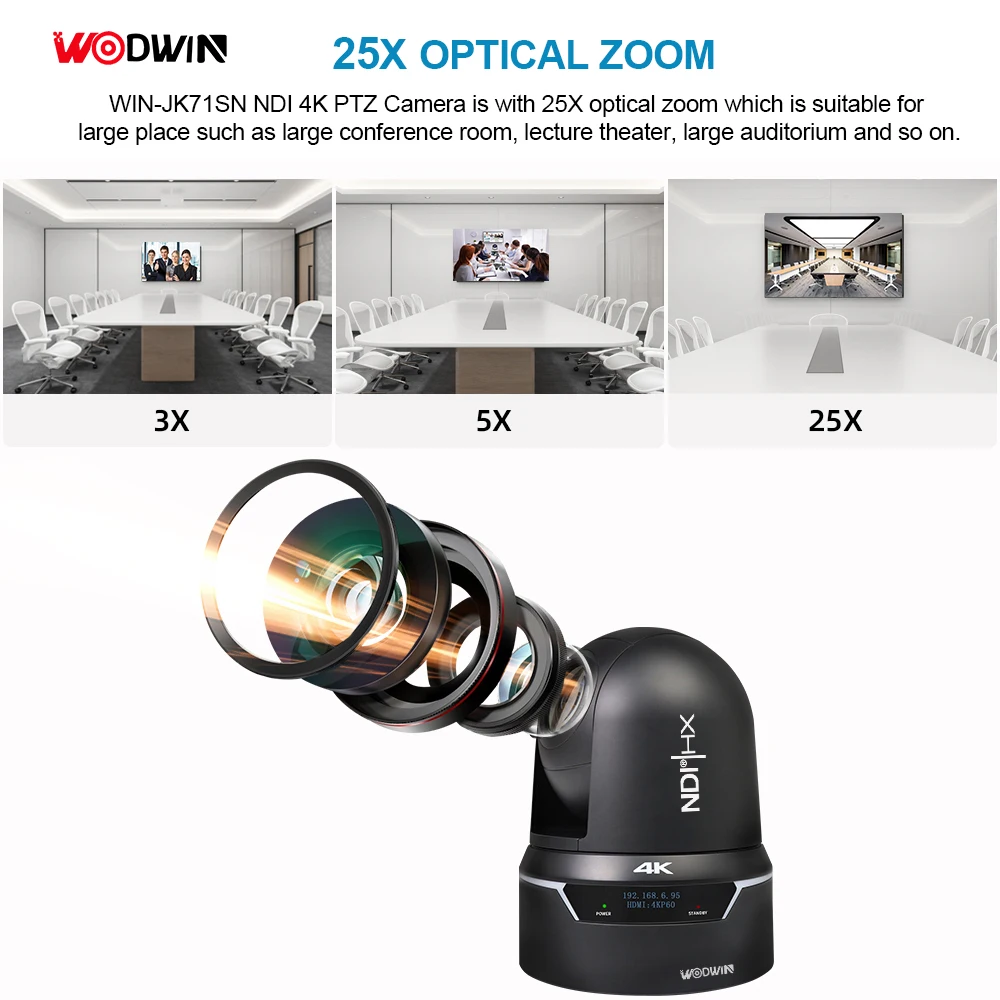 WODWIN New NDI 4K 60FPS 25X Optical Zoom 12G SDI Live Broadcasting IP POE NDI PTZ Camera for Live Streaming Events Churches