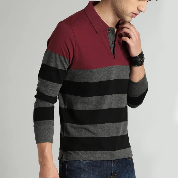 Custom wholesale Men Charcoal Grey & Maroon Striped Polo Collar T-shirt polo shirt men long sleve tomy hilfnger polo shirt