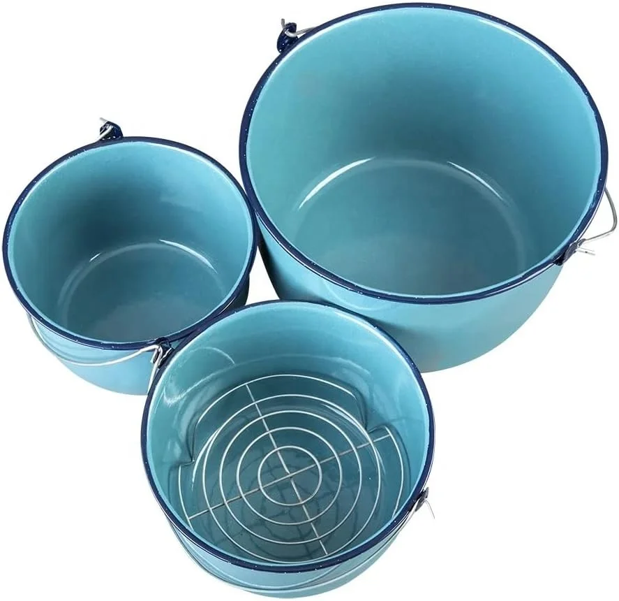 Pewter Bucket Juego Set De Ollas de Peltre Cinsa Bateria De Cocina Enamel Cookware 7 pieces 26/30/34cm convexa turquesa Pewter