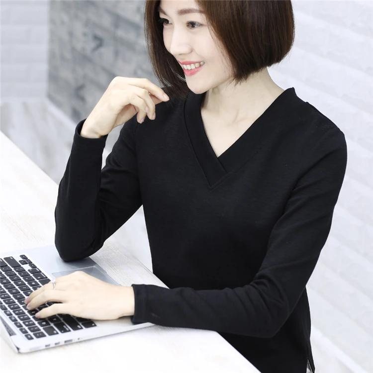 
Modern Design Fashion Casual Long T-Shirts With Printing Long Sleeve T Shirt Cotton V-Neck Women T Shirt 