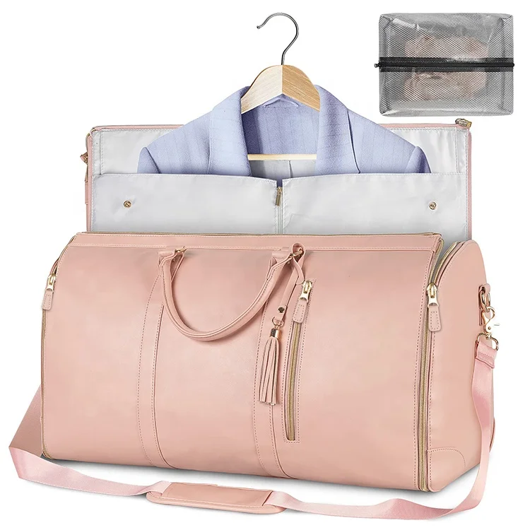 New Pink Suit Leather With Metal Zipper Shoulder Strap Weekender Duffle Garment Bags for
