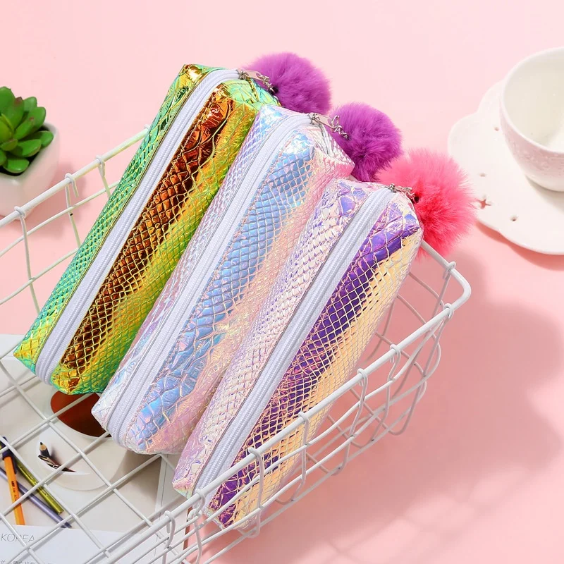 
Holographic Laser PU Leather pencil case wholesale custom laser PVC pouch bag for girl 