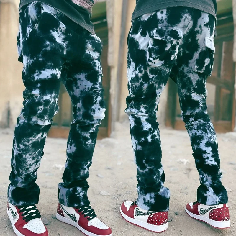 LW new arrivals spring denim fabric jeans for men washed streetstyle tie dye stylish jeans men