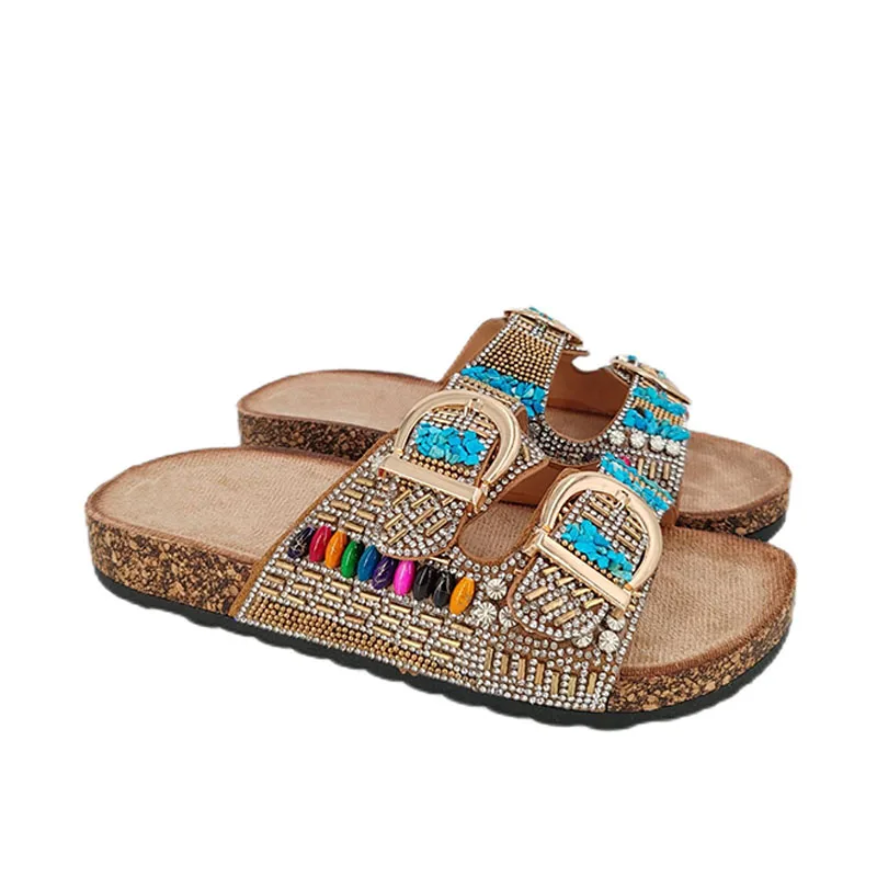 Multicolor decorative stone gem slide for women mules comfortable slippers