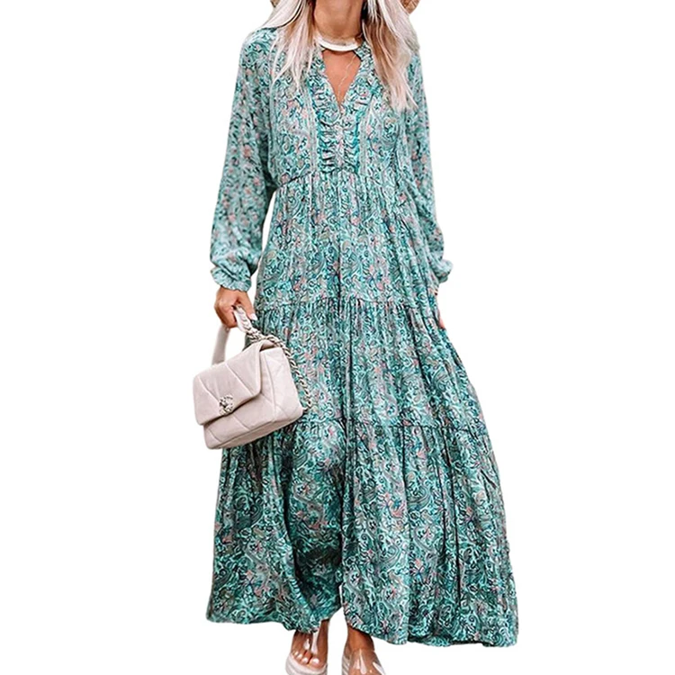 Women Casual Fashion Autumn Floral Long Sleeve Dress Floral Print Long Dress