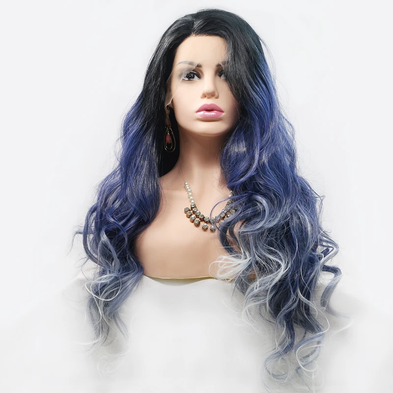 Factory Dropshipping Perruque Synthetique Dark Blue Mixed Color Body Wave Cosplay Wig With Lace Front