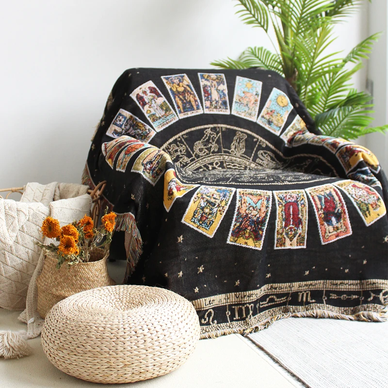 Monad Wholesale Tarot Black Style Bohemian Furniture Cover Woven Tapestry Throw Jacquard Blanket