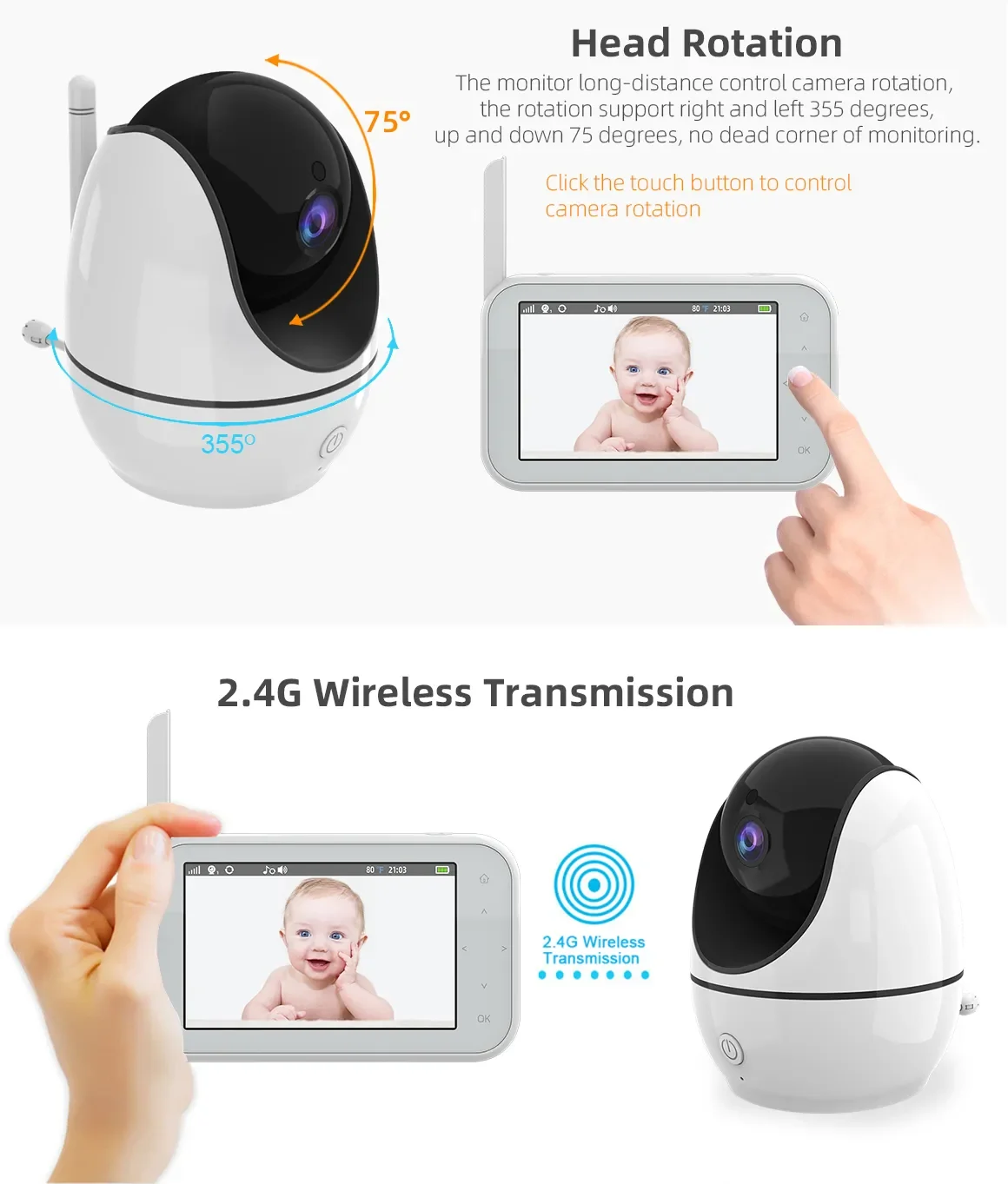 New Monitor Baby Camera 4.5-inch LCD PTZ Rotating IR Night Vision 2-way audio temperature sensor 8 Lullaby VOX Feeding ABM200