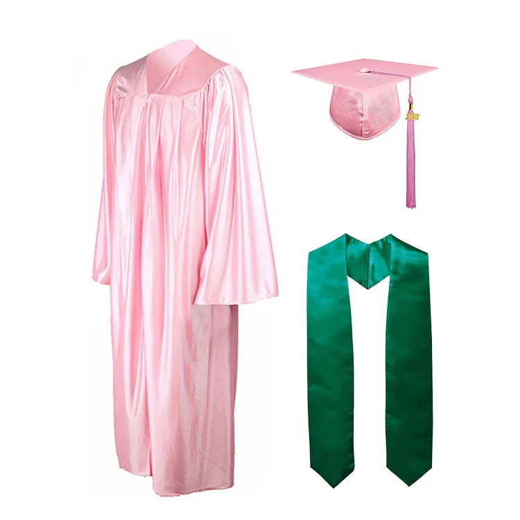 High School Pink Shiny Custom Graduation Gowns and Caps for Adult