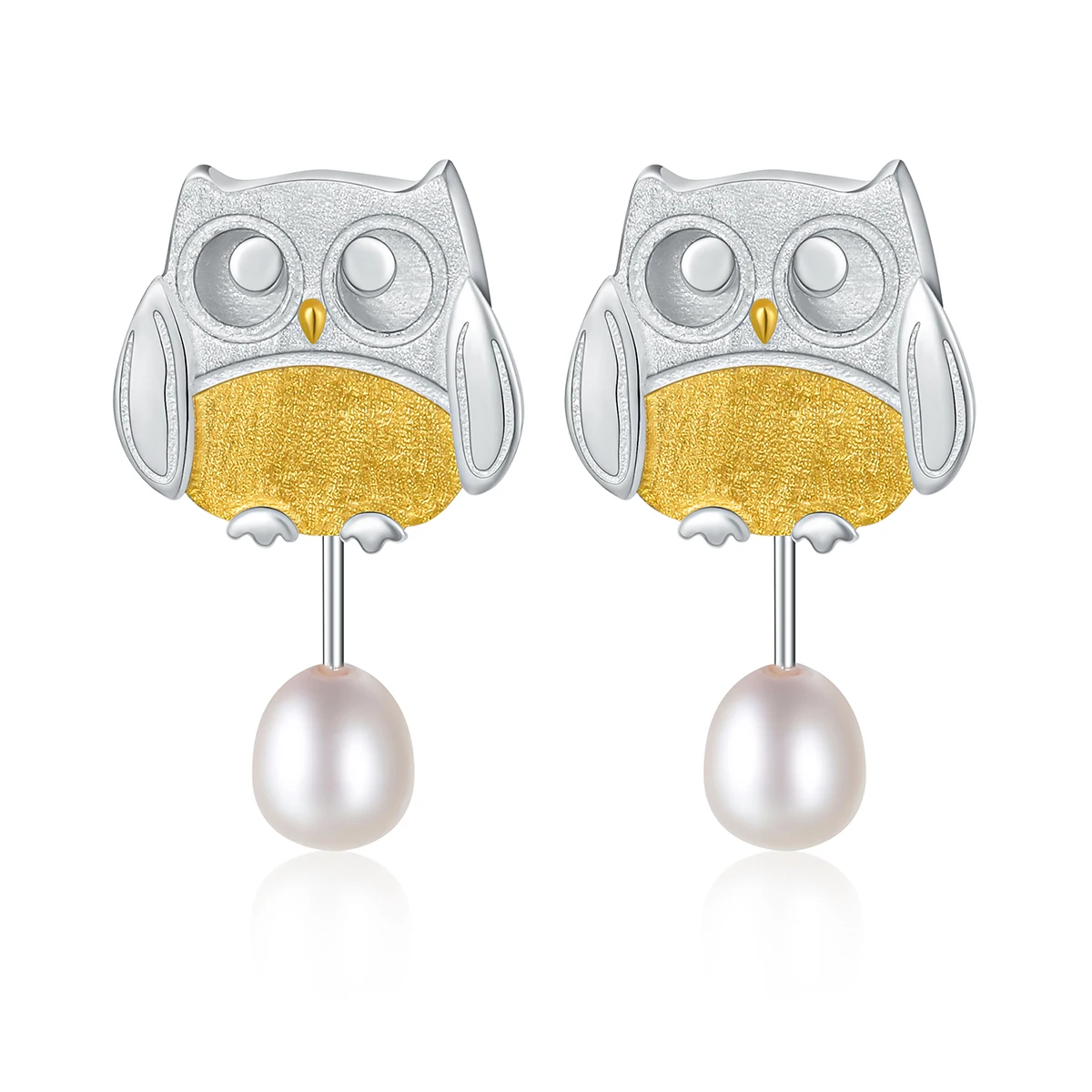 Lotus Fun Handmade peal stud earrings set 925 sterling silver with 18k gold Agile Owl animal design fine jewelry for women