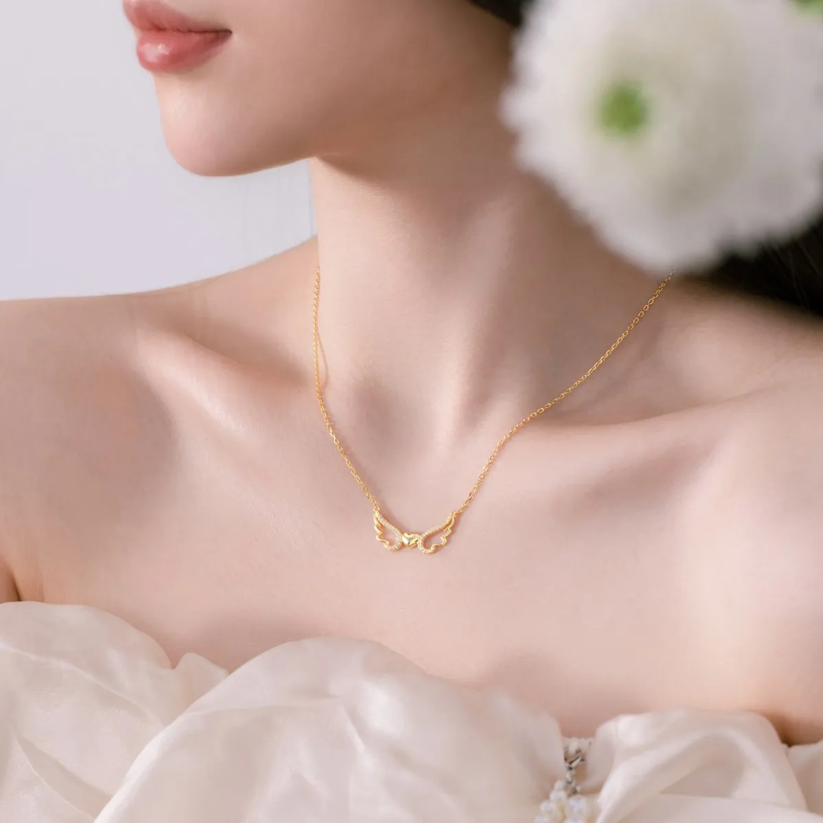 Dylam Vintage Bulk 5A Cz Cubic Zirconia 18K Gold Necklace 925 Sterling Silver Wing Heart Pendant Necklaces For Women Jewlery