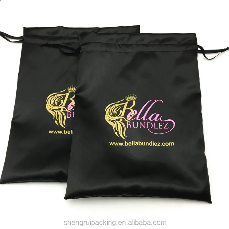 Custom black silk satin hair weave bags with gold logo