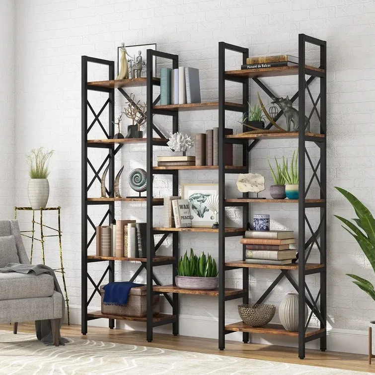 Rustic Large Open Metal Framed Bookshelf Tall Free Combination Office Bookcase Book Shelf Cabinet Rack Wood Wall Bookshelves