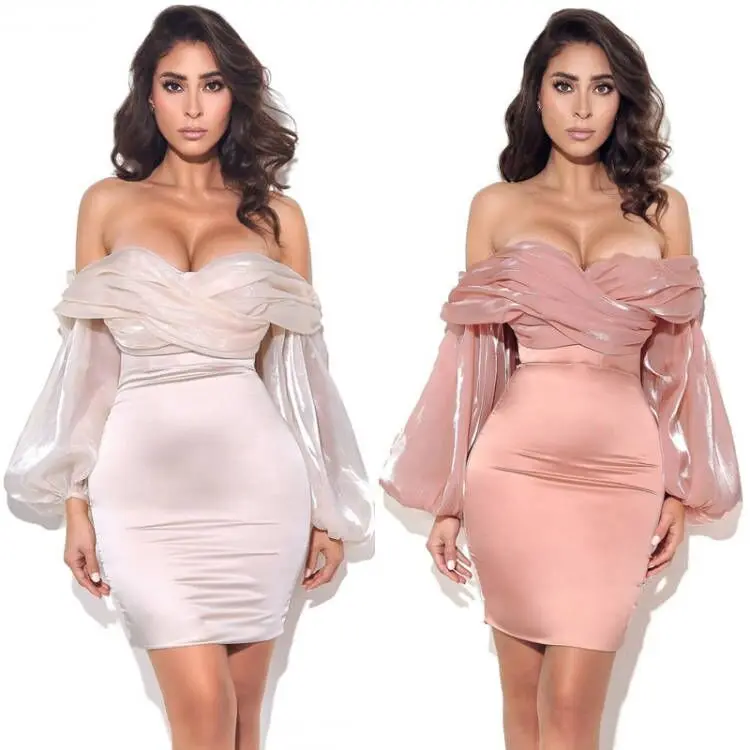 Pink Off the Shoulder Ruffle Long Sleeve Mini Dresses Women Strapless Bodycon Corset Satin Dress