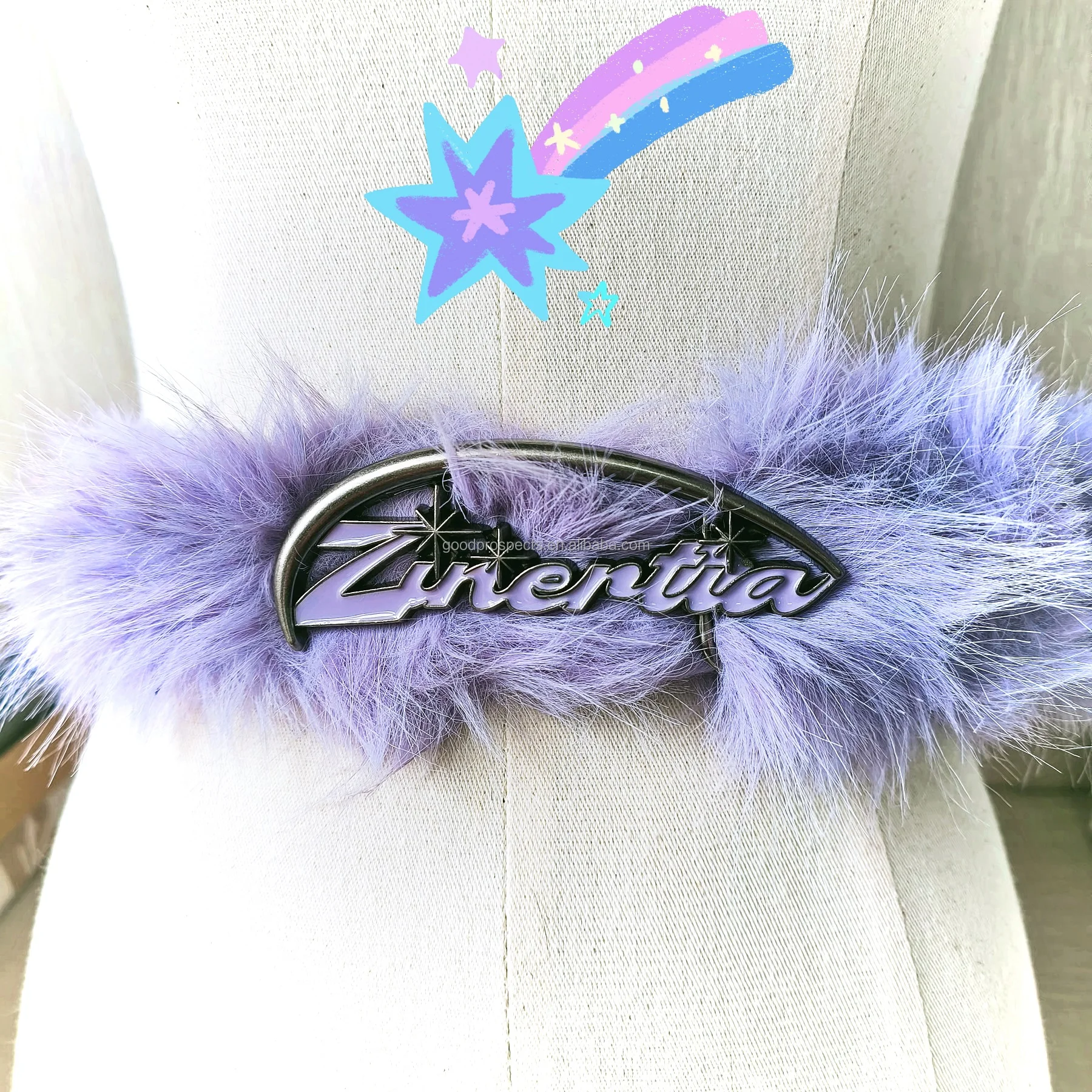 Fashion new design belt artificial purple fur with black full grain Leather zinc alloy custom buckle for men women