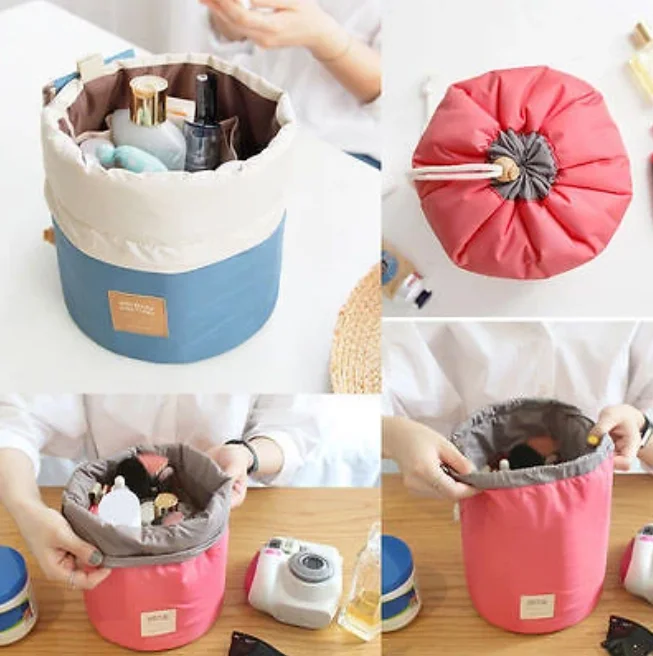 
OEM Barrel Shaped Travel Cosmetic Nylon Bag High Capacity Drawstring Elegant Drum Wash Bags 
