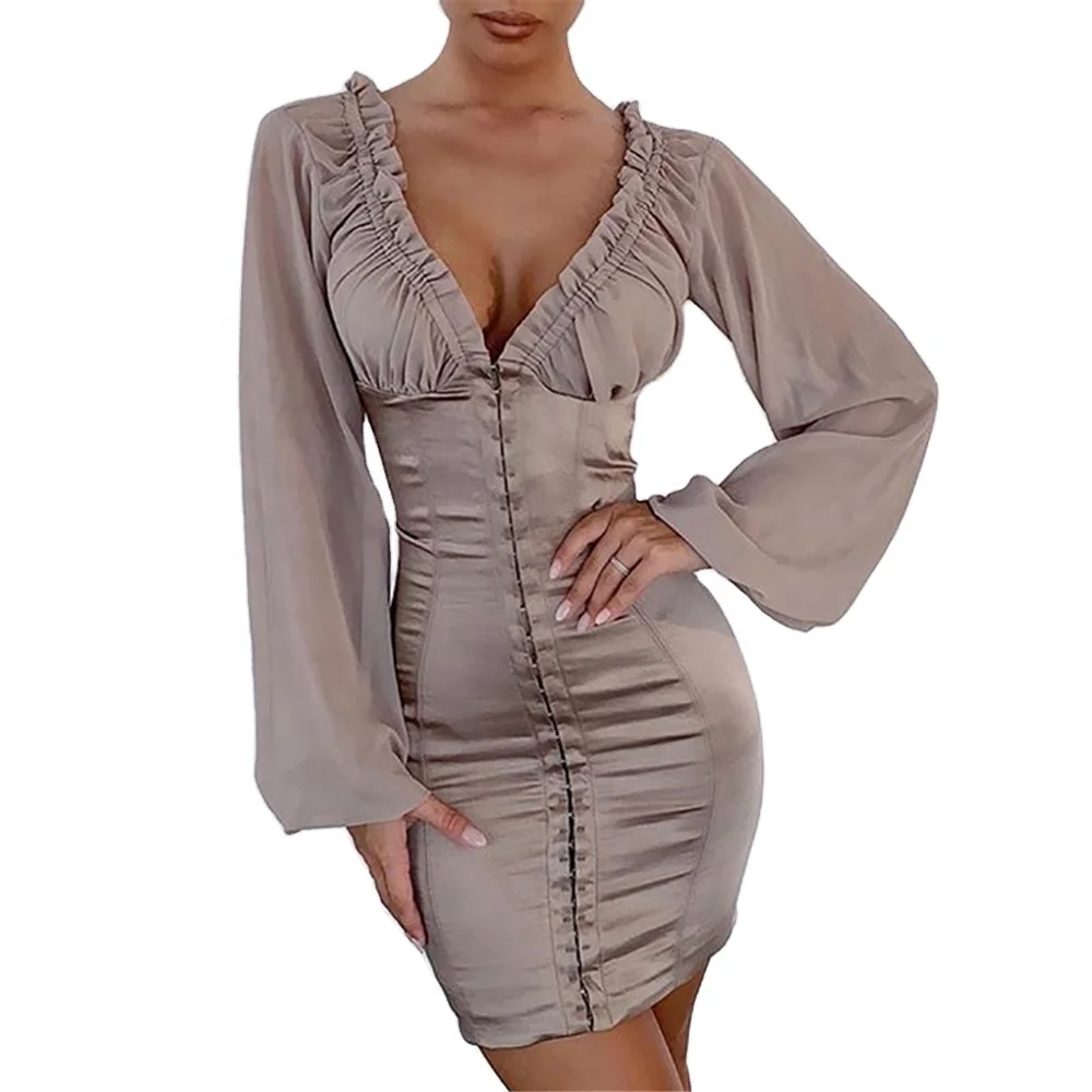 
2019 Ins New Hot Stitching Mesh Sexy Perspective Wrapped Chest Ruffled Hips Slim Dress Party Dress 