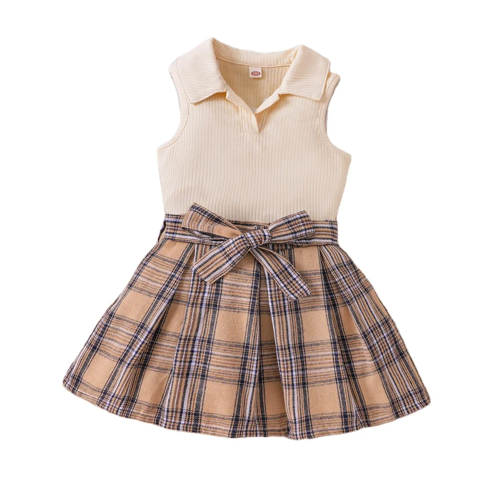 wholesale new design kids clothes 1-7 years children knitted vest top+plaid skirt suit set girls 2pcs clothing set for summer