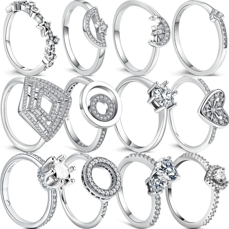 2024 New Finger Rings For Women 925 Sterling Silver Stars Moon Clear Zircon Rings Fine Wedding Engagement Birthday Jewelry Gifts