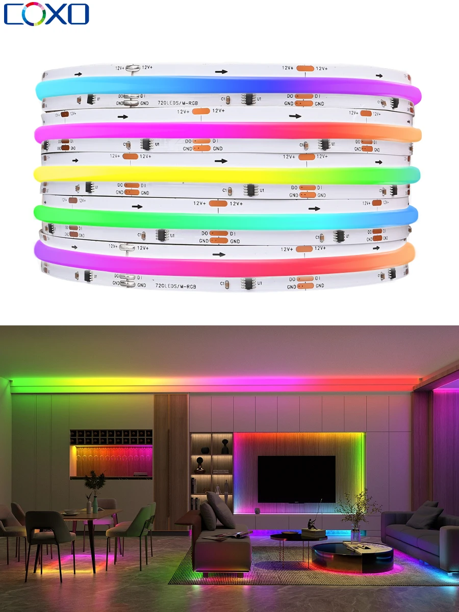 coxo addressable dreamcolor chasing running tuya 5m smart digital ws2811 rgbic pixel cob led flexible strips lights dc12v 24v