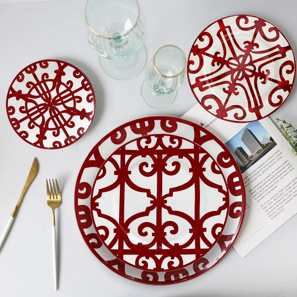 Wholesale red fancy ceramic dinnerware wedding restaurant porcelain serving plate