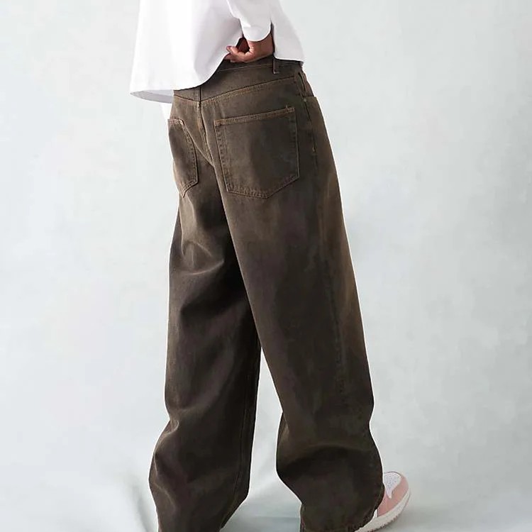 Wholesale Custom High Quality Wash Brown Loose Wide Leg Plus Size Baggy Jeans Pants For Men