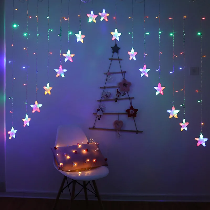 Wholesale V shape LED Star Curtain Lights Holiday Wedding Window Ramadan Diwali Christmas Lights Lantern Fairy Icicle Lights